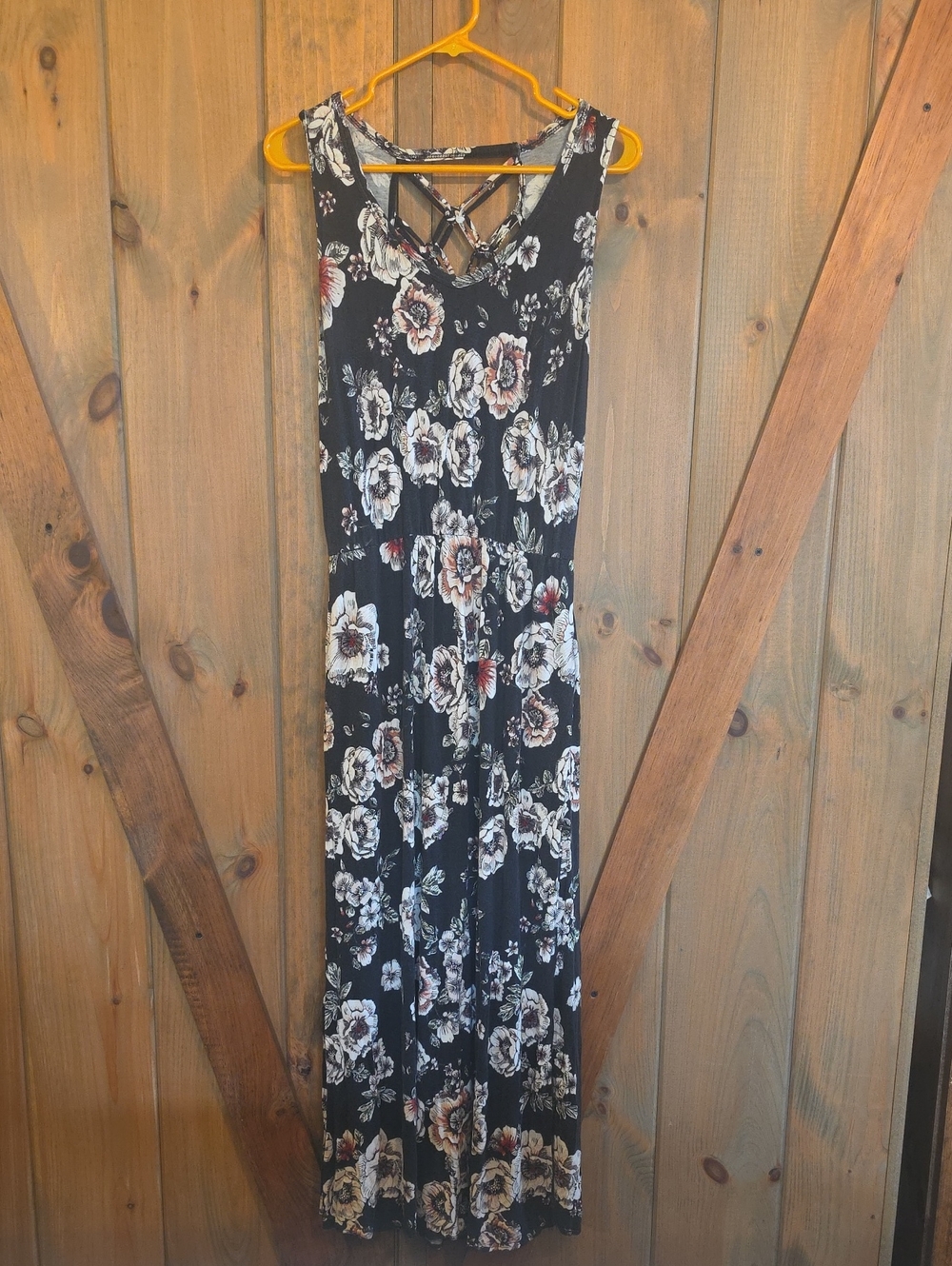 Maurices Black Floral Sleeveless Maxi Dress with Crisscross Back POCKETS